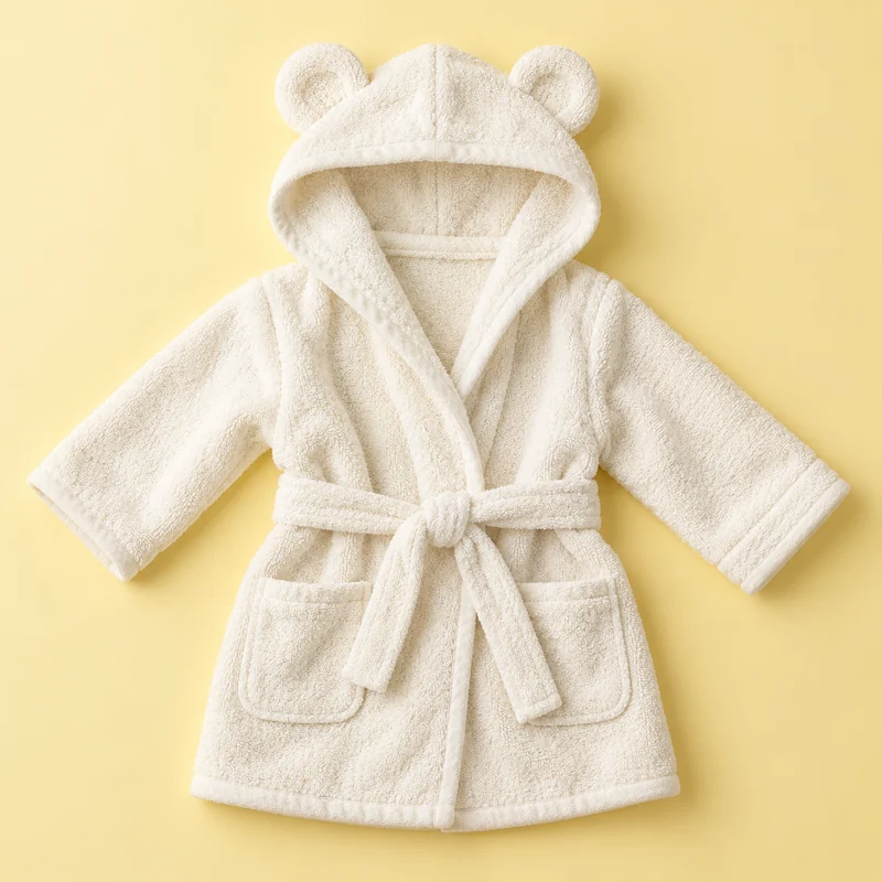 Illustrative ivory hooded baby bathrobe