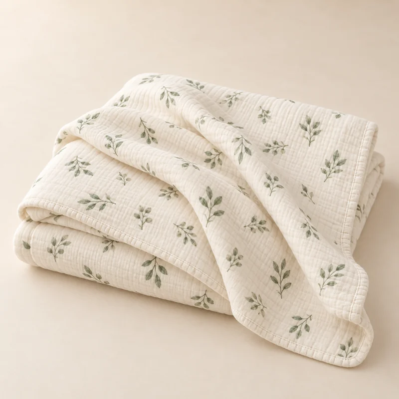 Illustrative cream baby blanket with a sage botanical print
